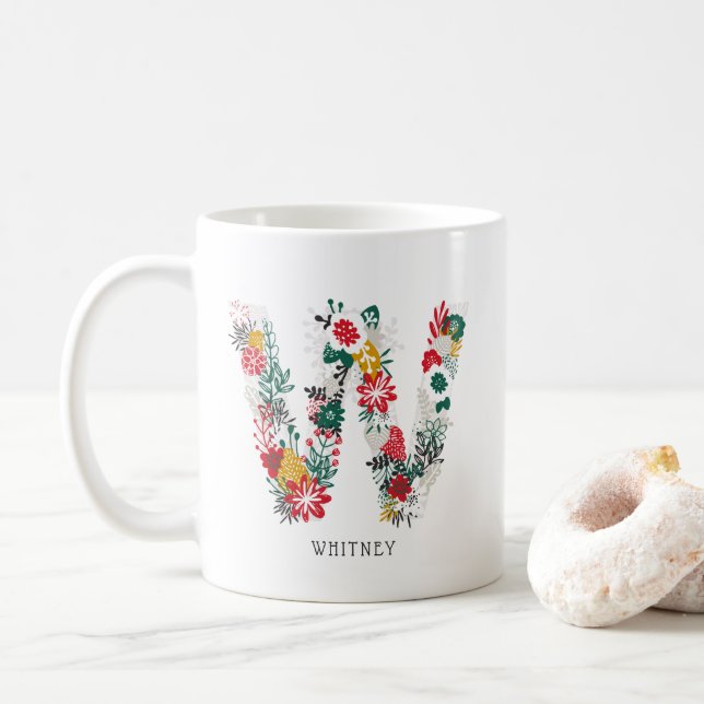 Letter W | Whimsical Floral Letter Monogram I Mug (With Donut)