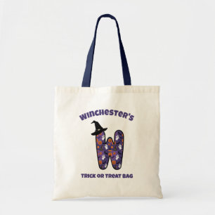 Letter W with Witch Hat and Name Trick or Treat Tote Bag