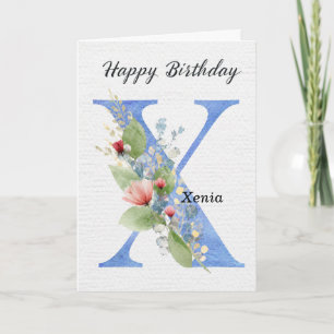 Letter X Birthday Custom Name Her Blue Monogram Card