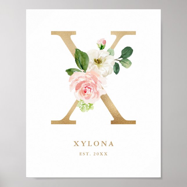 Letter X Blush Floral Monogram Gold Foil Nursery Poster (Front)