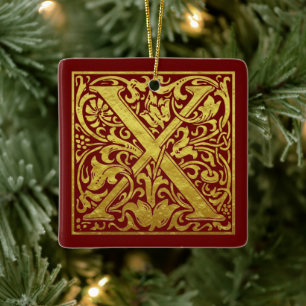 Letter X First Letter Faux Gold Red Ceramic Ornament