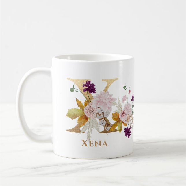 Letter X - Gold Floral Name sister coworker friend Coffee Mug (Left)
