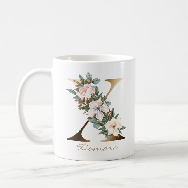 Letter X Gold Monogram White Blush Orange Floral Coffee Mug (Left)