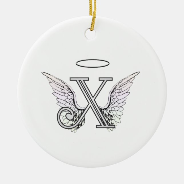 Letter X Initial Monogram with Angel Wings & Halo Ceramic Tree Decoration (Front)