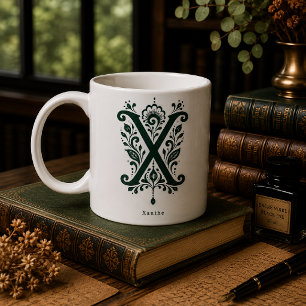 Letter X Linocut Botanical Personalised Mug