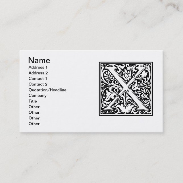 Letter X Mediaeval Monogram Art Nouveau Business Card (Front)