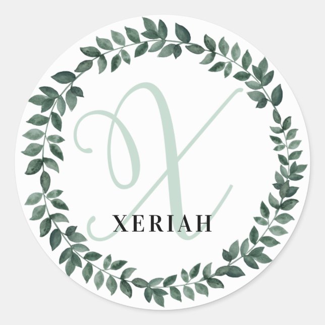 Letter X Monogram Custom Name Minimalist Botanical Classic Round Sticker (Front)