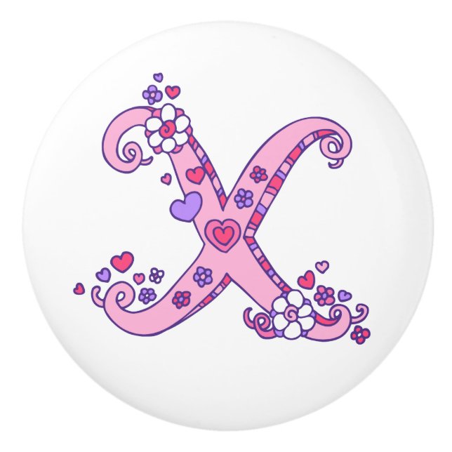 Letter X monogram hearts and flower pull knob (Front)