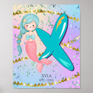 Letter X Monogram Watercolor Cute Mermaid Nursery Poster