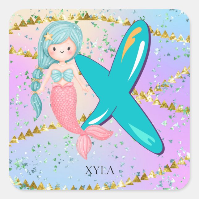 Letter X Monogram Watercolor Cute Mermaid Nursery Square Sticker (Front)