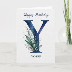 Letter Y Birthday for Him Personalised Name Blue Card