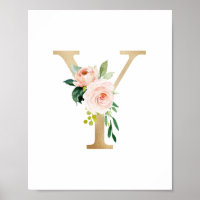 Letter Y Blush Floral Monogram Faux Gold Foil
