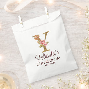 Letter Y Gold Monogram Blush Pink Roses Favour Bag