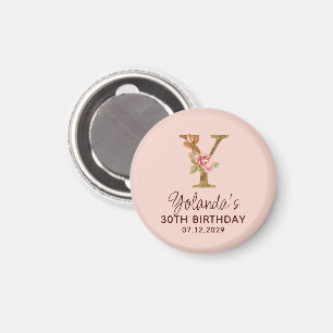 Letter Y Gold Monogram Blush Pink Roses Magnet