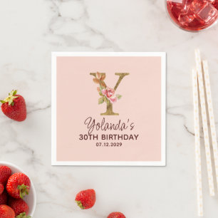 Letter Y Gold Monogram Blush Pink Roses Napkin