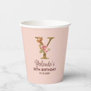 Letter Y Gold Monogram Blush Pink Roses Paper Cups