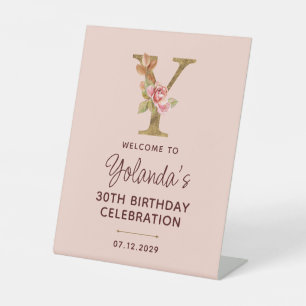 Letter Y Gold Monogram Blush Pink Roses Sign