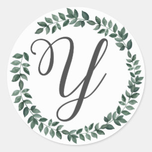 Letter Y Monogram Minimalist Botanical Leaf Wreath Classic Round Sticker