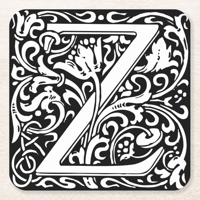Letter Z art nouveau black and white Tile Square Paper Coaster (Front)