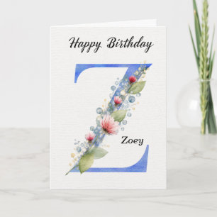 Letter Z Birthday Custom Name Her Blue Monogram Card