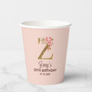 Letter Z Gold Monogram Blush Pink Roses Paper Cups