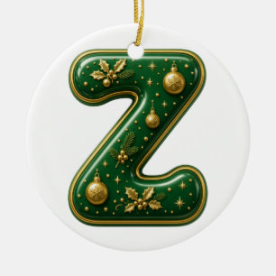 Letter Z Green Gold Bauble Christmas Monogram Ceramic Ornament