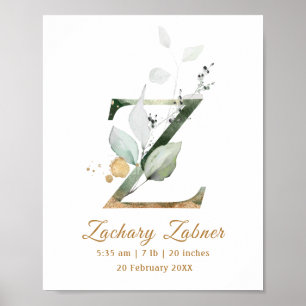 Letter Z green & gold foliage Baby Birth Poster