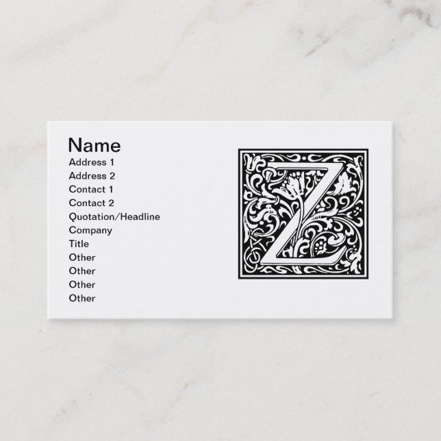 Letter Z Mediaeval Monogram Art Nouveau Business Card (Front)