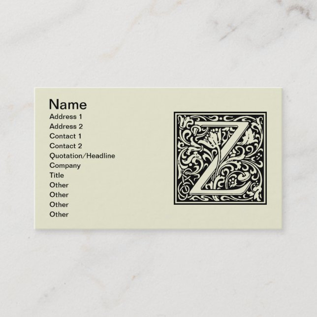 Letter Z Mediaeval Monogram Art Nouveau Business Card (Front)