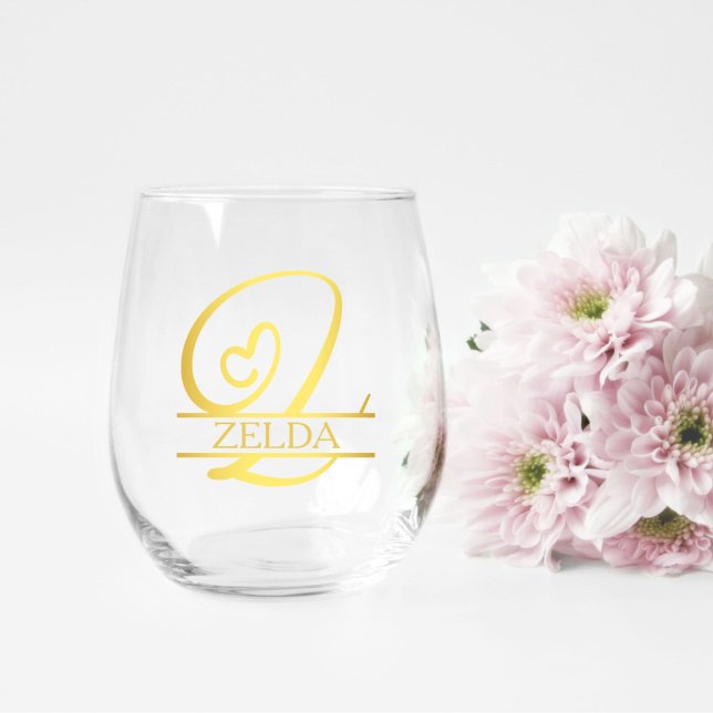 Letter Z Monogram Bridesmaid Gift, Modern Elegant Stemless Wine Glass (stemless wine glass for a bridesmaid gift that has a gold split z monogram and customized with name)