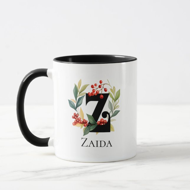 Letter Z Monogram Initial Christmas Berry Wreath Mug (Left)