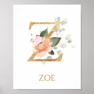 Letter Z Monogram Pink Peach rose Nursery Poster