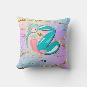 Letter Z Monogram Watercolor Cute Mermaid Nursery Cushion