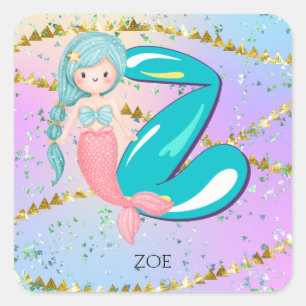 Letter Z Monogram Watercolor Cute Mermaid Nursery Square Sticker