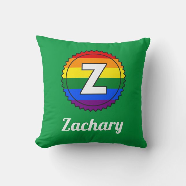 Letter Z & Name Gay Pride Rainbow Monogram - Green Cushion (Front)