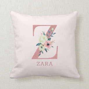 Letter Z Pink Watercolor Floral Monogram Nursery Cushion