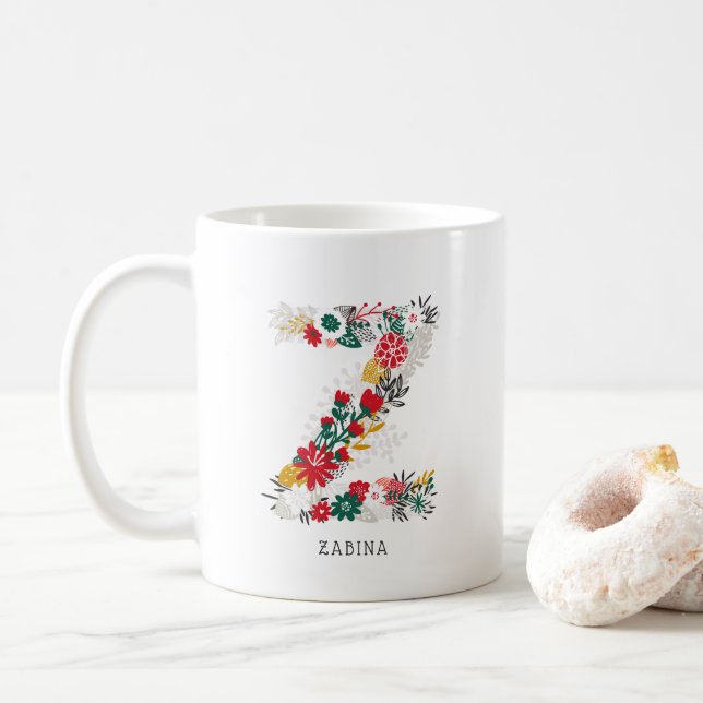 Letter Z | Whimsical Floral Letter Monogram I Mug (With Donut)