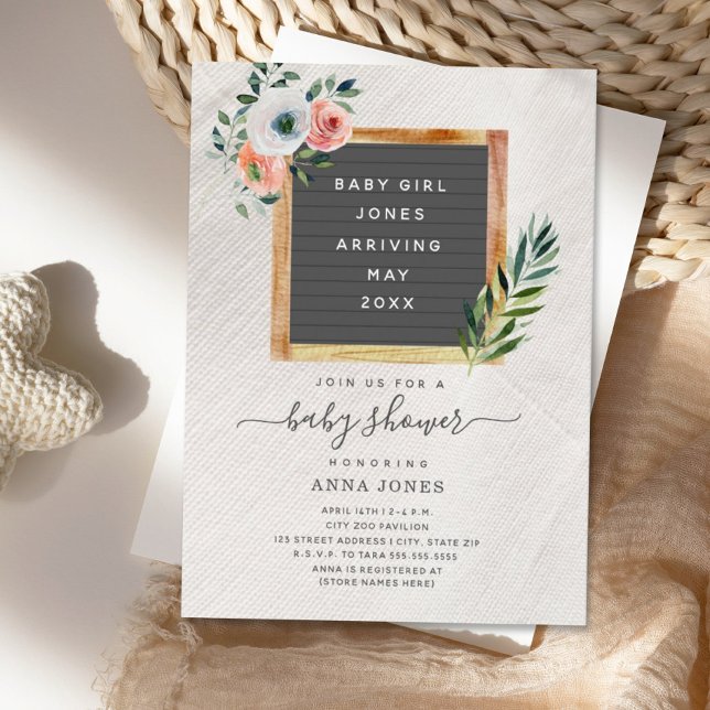 Letterboard Boho Floral Girl Baby Shower Invitatio Invitation (Creator Uploaded)