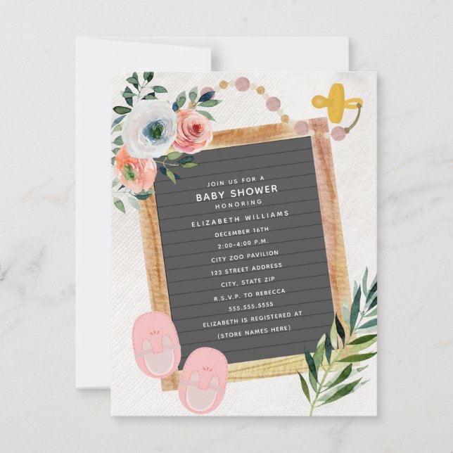 Letterboard Shoes Pacifier Floral Girl Baby Shower Invitation (Front)
