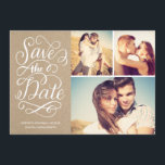 Lettered Rustic Kraft Save The Date Collage<br><div class="desc">This save the date photo card features a 3-photo collage,  swirly hand lettered calligraphy artwork and a faux kraft paper texture. Visit our designer shop to see more!</div>