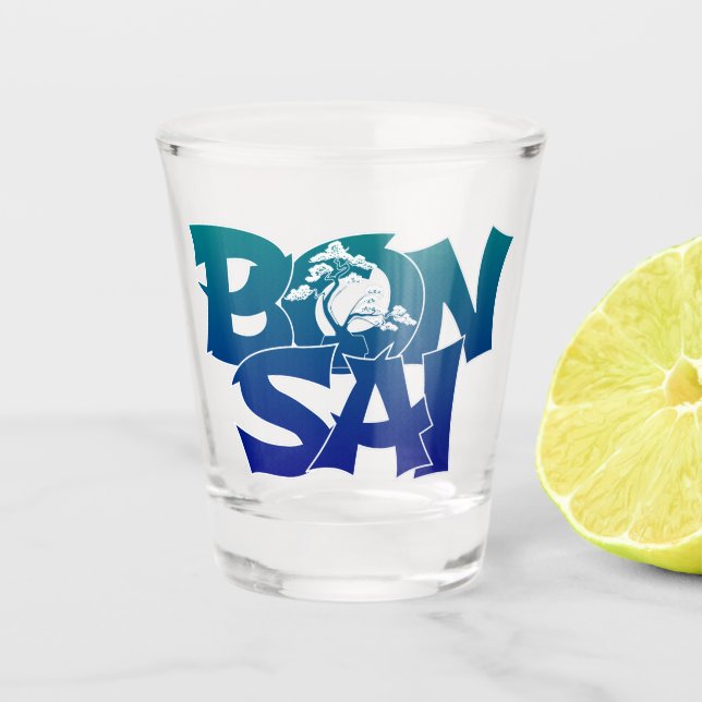 Lettering 'BONSAI' with bonsai tree Shot Glass (Front)
