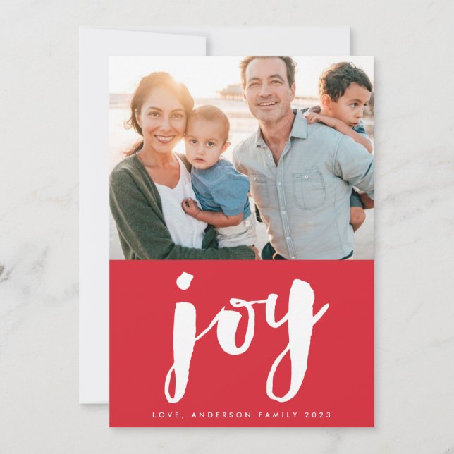 Lettering JOY Red Tag Christmas Photo Holiday Card (Front)