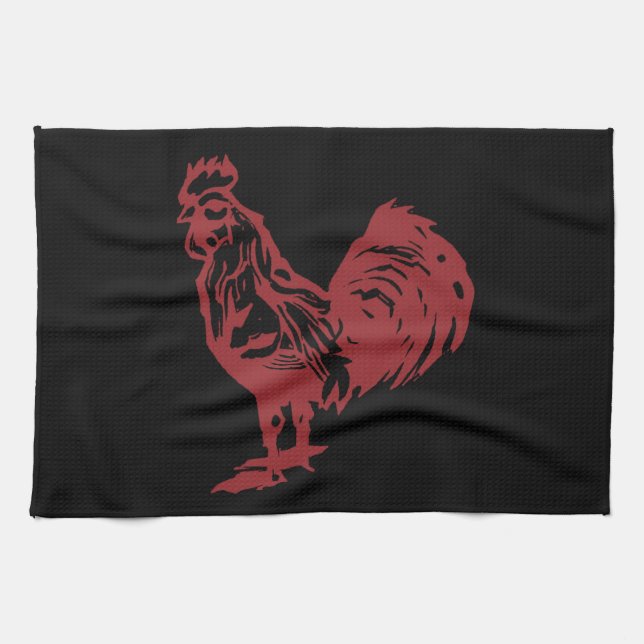 Letterpress Style Red Rooster Tea Towel (Horizontal)
