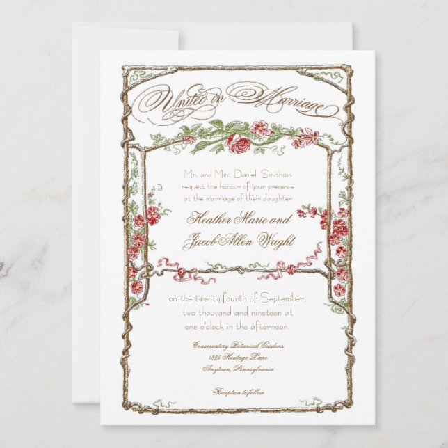 Letterpress Style Vintage Faux Bois Trellis - Red Invitation (Front)