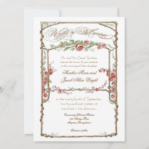 Letterpress Style Vintage Faux Bois Trellis - Red Invitation