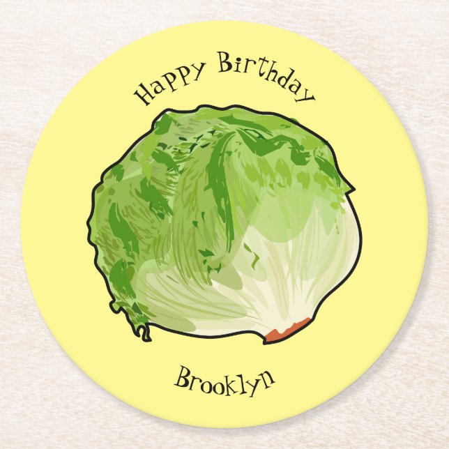 Lettuce cartoon illustration  round paper coaster (Front)