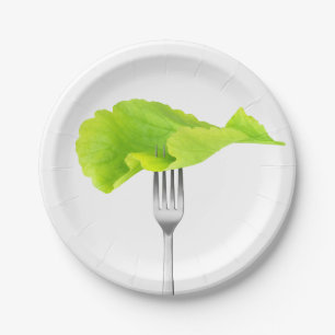 Lettuce leaf on a fork paper plate