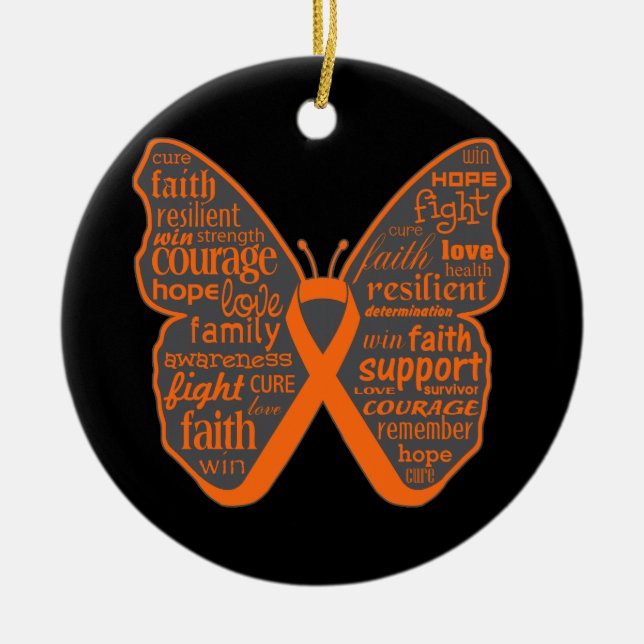 Leukaemia Butterfly Collage of Words Ceramic Ornament (Front)