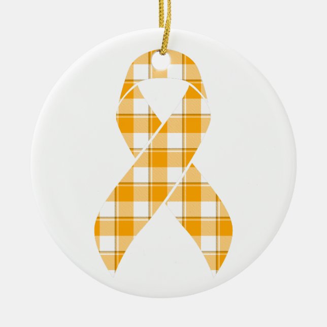 Leukemia Awareness Plaid Orange Ribbon Ceramic Ornament (Front)