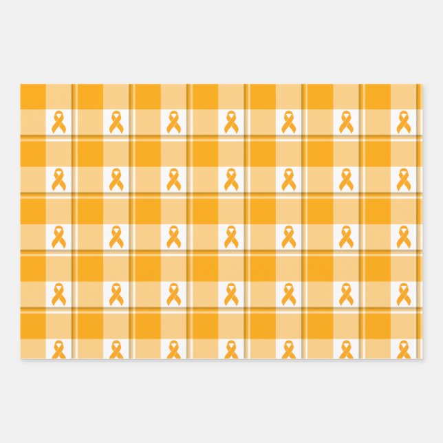 Leukemia Awareness Plaid Orange Ribbon Wrapping Paper Sheet (Front)